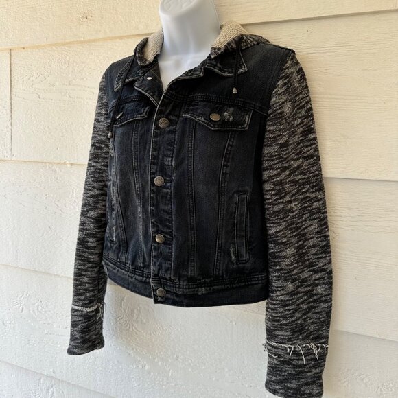 Free People Sz S/P Denim Jacket Hooded Black Button Front Manufactured Distress - Picture 4 of 14